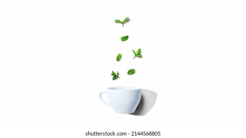 Fresh Mints With Tea Cup Overhead View - Flat Lay