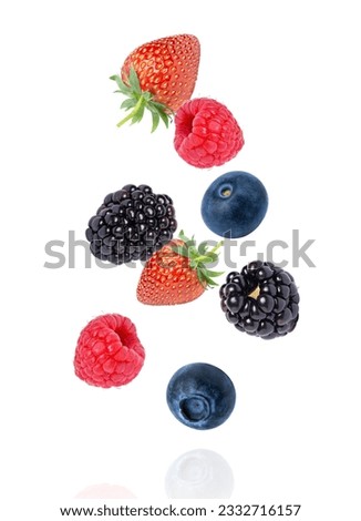 Fresh mix berries fruit with red raspberry, strawberry, blackberry and blueberry flying in the air isolated on white background.