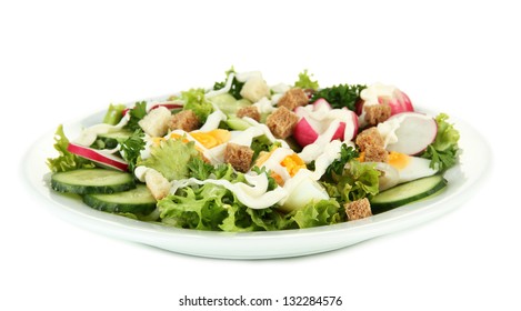 Fresh Mixed Salad With Eggs, Salad Leaves And Other Vegetables, Isolated On White