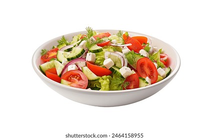 fresh mixed salad mix with tomatoes, cucumbers, feta cheese, red onions and dill in a white bowl on a isolated  - Powered by Shutterstock