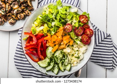 Fresh Mixed Salat With Herbs And Mushrooms, Top View,