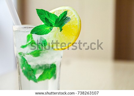fresh mojito in a glass with mint and lemon / fresh mojito