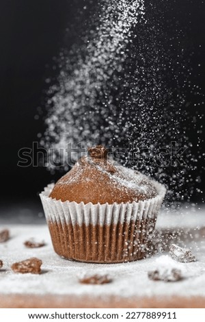 Fresh muffin on a wooden board with dry grapes sprinkled with powdered sugar
