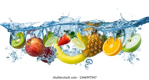 Fresh Multi Fruits Splashing Into Blue Clear Water Splash Healthy Food Diet Freshness Concept Isolated On White Background