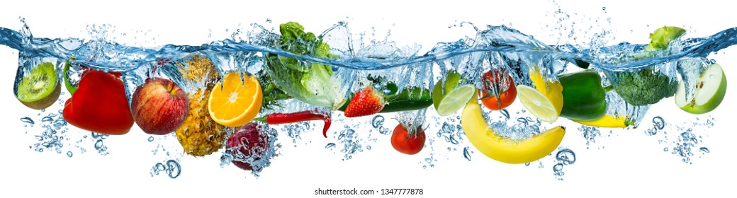 Fresh Multi Fruits And Vegetables Splashing Into Blue Clear Water Splash Healthy Food Diet Freshness Concept Isolated On White Background