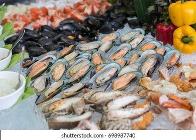 Fresh Mussels And Seafood On Buffet Station