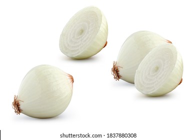 Fresh natural peeled onion bulbs isolated on white background, full depth of field. Raw vegetable set design elements composition, focus stacking. Onion bulb with half, healthy food nutrition concept
