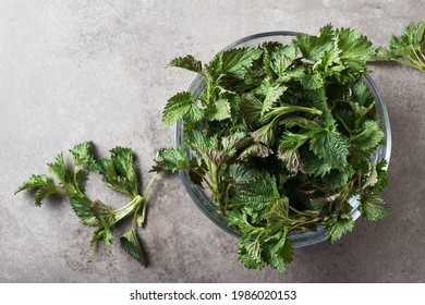 Fresh Nettle In A Glass Bowl For Making Stinging Nettle Soup, Top View.