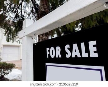 Fresh New Sign For Sale In Front Of Detached House In Residential Area. Real Estate Bubble, New Listing, Crash, Hot Housing Market, Overpriced Property, Buyer Activity Concept. Selective Focus.