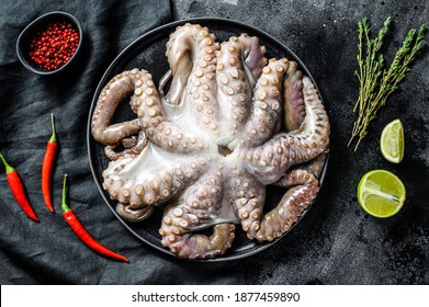 Fresh Octopus With Cooking Ingredients, Lime, Thyme, Chili Pepper. Black Background. Top View.