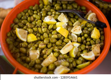 Fresh Olives With Lemon On Local Market In Capital City Nicosia. Food On Cyprus Island.