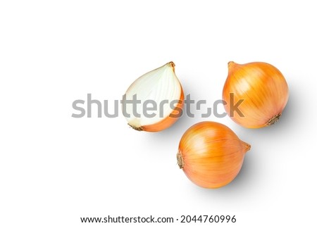 Fresh onion with slice on white background. Top view. Flat lay.