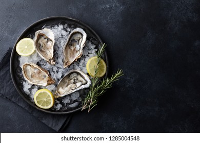 Fresh opened oysters in a plate with ice and lemon on black textured background, top view