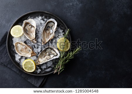 Fresh opened oysters in a plate with ice and lemon on black textured background, top view