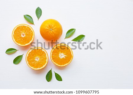 Fresh orange citrus fruit with leaves isolated on white background. Juicy and sweet and renowned for its concentration of vitamin C