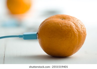 A fresh orange connected to a USB cable, symbolizing the blend of nature and technology. This creative still life captures modern concepts and innovation. - Powered by Shutterstock