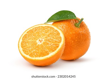 Fresh orange with cut in half and water droplets isolate on white background. Clipping path.  - Shutterstock ID 2302014245