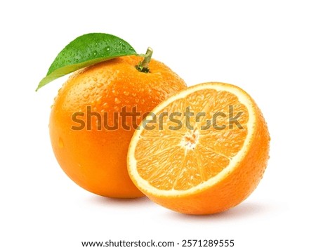 Fresh orange and cut in half with water droplets isolate on white background. Clipping path.
