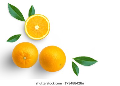 Fresh Orange Fruit With Slice And Green Leaves Isolated On White
Background. Top View. Flat Lay.