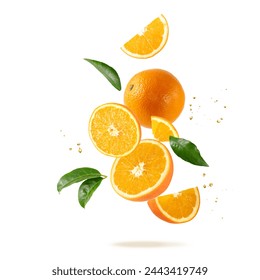 Fresh orange fruit whole and slices with drops and leaves falling flying isolated on white background - Powered by Shutterstock