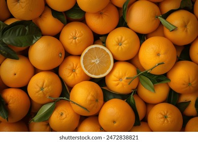 fresh orange fruits with leaves as background top view