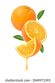 Fresh Orange juice dripping isolated on white background. 