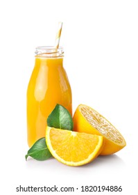 Fresh Orange Juice In Glass Bottle Isolated On White Background.