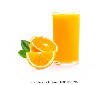 Fresh Orange Juice In Glass With Orange Slice And Leaves Isolated On White Background.