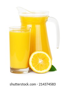 Fresh Orange Juice In Pitcher On White Background