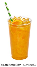 Fresh Orange Juice In Takeaway Disposable Plastic Glass With Straw And Slice Isolated On White Background