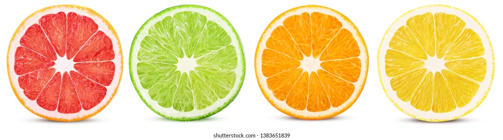 Fresh orange, lemon, lime, grapefruit cut in half slice isolated on white background. Clipping Path. Full depth of field. - Shutterstock ID 1383651839