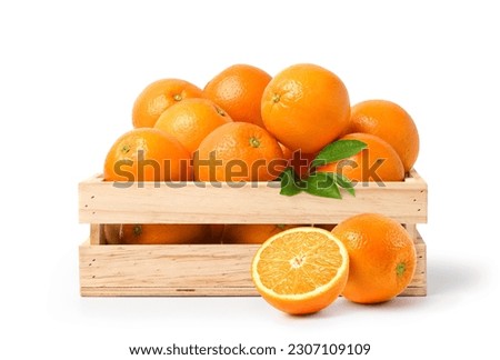 Fresh orange in wooden crate isolated on white background.