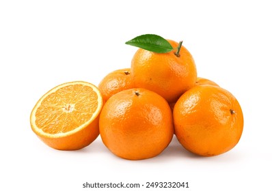 Fresh oranges with cut in half isolated on white background.