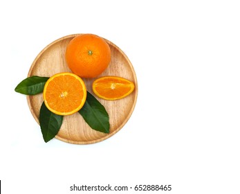 Fresh Oranges In Wooden Bowl Isolated On White Background, Navel Orange, Oranges Concept