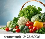 Fresh organic fruits and vegetables in wicker basket. Assorted fresh vegetables.