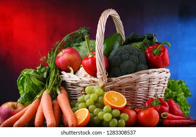Fresh organic fruits and vegetables in wicker basket. - Shutterstock ID 1283308537