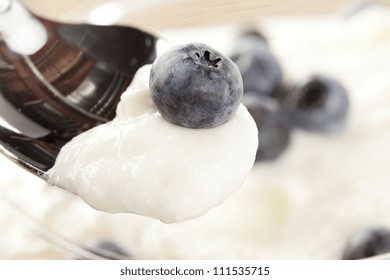 Fresh Organic Greek Yogurt With Blueberries On A Background