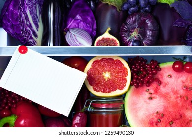 Fresh Organic Healthy Raw Antioxidant Violet, Red, Food, Vegetables, Fruits And Juices In Vegan Vegetarian Fridge: Fig,  Watermelon, Cabbage, Onion, Pepper, Eggplant, Tomato Juice And Space For Text.