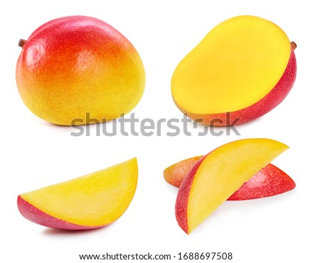 Fresh organic mango isolated on white background. Red mango fruit clipping path. Mango macro studio photo. Collection mango