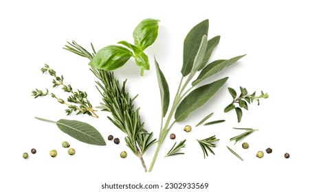 Fresh organic Mediterranean herbs and spices elements isolated over a white background, sage, rosemary twig and leaves, thyme, oregano, basil, green and black pepper, top view, flat lay - Shutterstock ID 2302933569