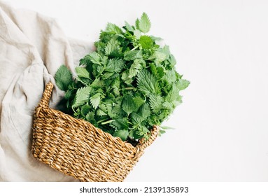 fresh organic nettles in a wicker basket on a white background. Top view. Copy space. Herbal medicine concept.
