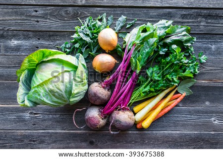 Fresh organic produce. Cabbage, Beets, Carrots, Onions, Kale and Parsley