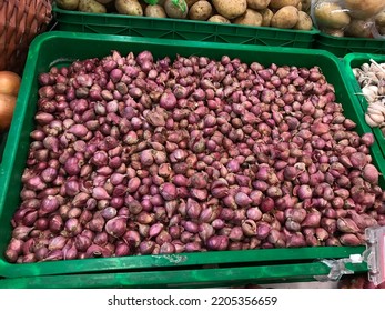 Fresh And Organic Red Onions In Indonesia On Display Tray At Supermarket.