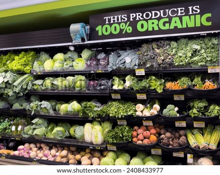 Fresh organic vegetable selection in produce aisle at grocery store supermarket.