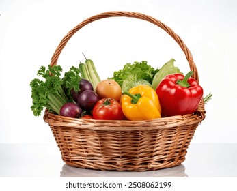 Fresh organic vegetables and fruits in wicker basket. Close up of Assorted fresh vegetables isolated on white background. Health food. - Powered by Shutterstock