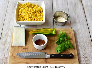 Fresh Organic Whole Ingredients Laid Out For Making Delicious Tasty Mexican Street Corn Salad For Fiesta Cinqo De Mayo Family Celebration Party