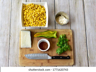 Fresh Organic Whole Ingredients Laid Out For Making Delicious Tasty Mexican Street Corn Salad For Fiesta Cinqo De Mayo Family Celebration Party