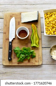 Fresh Organic Whole Ingredients Laid Out For Making Delicious Tasty Mexican Street Corn Salad For Fiesta Cinqo De Mayo Family Celebration Party