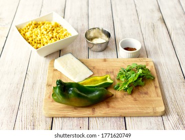 Fresh Organic Whole Ingredients Laid Out For Making Delicious Tasty Mexican Street Corn Salad For Fiesta Cinqo De Mayo Family Celebration Party