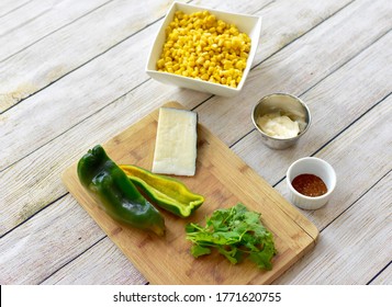 Fresh Organic Whole Ingredients Laid Out For Making Delicious Tasty Mexican Street Corn Salad For Fiesta Cinqo De Mayo Family Celebration Party